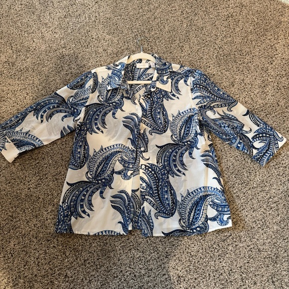 Chico's Blue and White Boxy Button Down Shirt in medium blue paisley - Picture 2 of 14